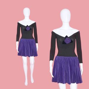 1980s BETSEY JOHNSON PUNK Label Velvet Off Shoulder Dress W/Rosette. XS. AS IS